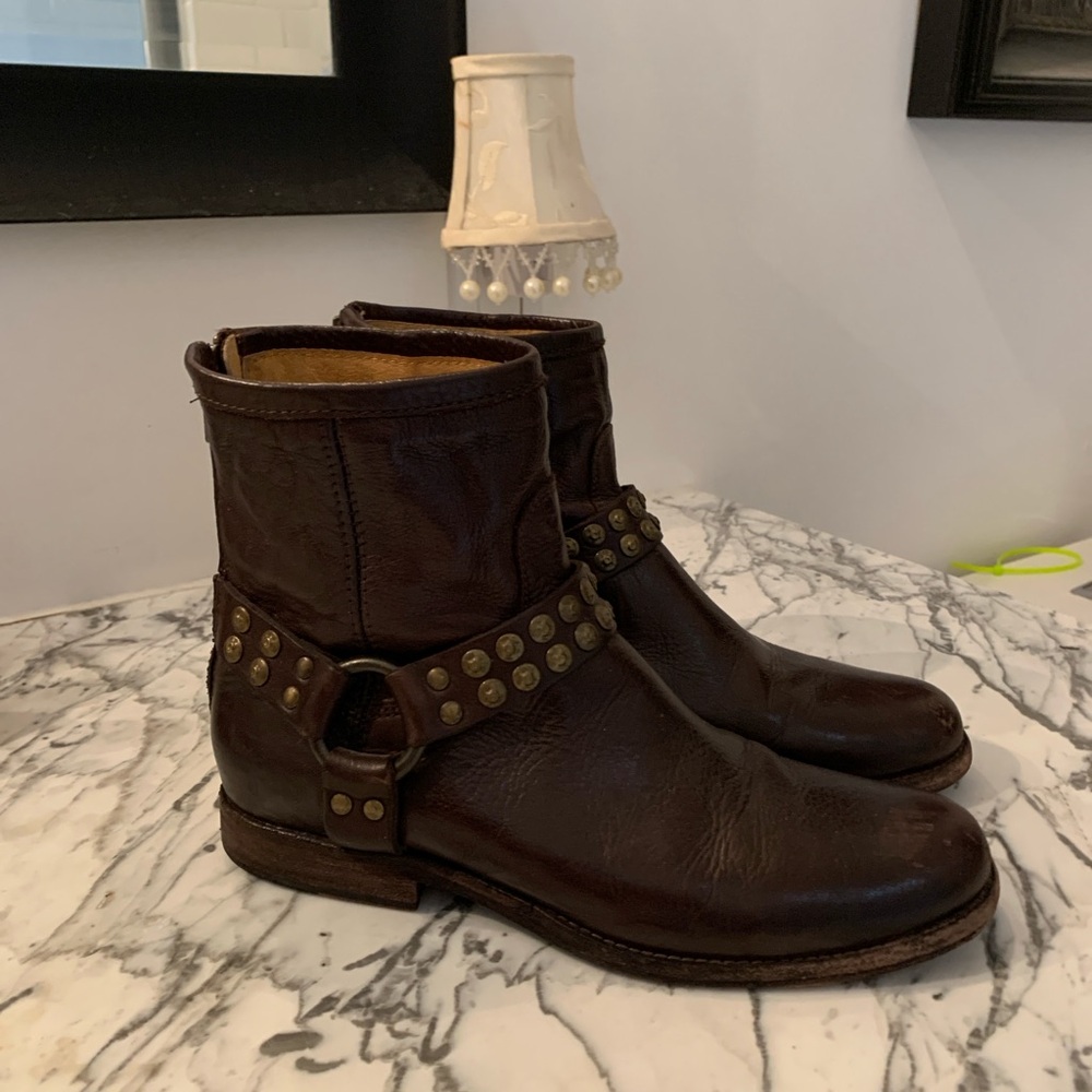 Frye Brown Ankle Boots with Studded Strap